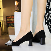 Sequined Bow Square Toe Low Cut Wind Heel Shoes Suede Chunky Heel Professional Office Shoes